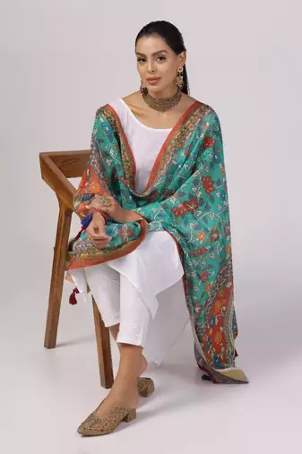 Wevon Jari Border With Digital Printed Sea Green Linen Dupatta