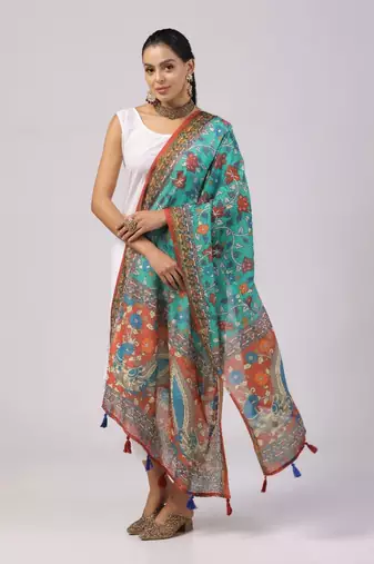 Wevon Jari Border With Digital Printed Sea Green Linen Dupatta