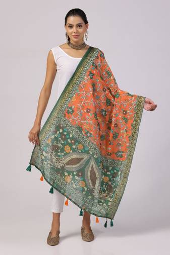 Wevon Jari Border Designer With Digital Printed Orange Linen Dupatta