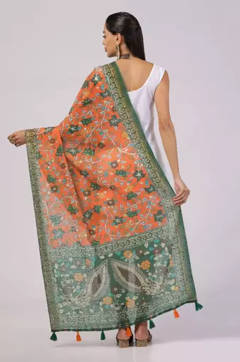 Wevon Jari Border With Digital Printed Orange Linen Dupatta