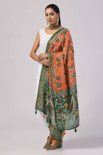Wevon Jari Border With Digital Printed Orange Linen Dupatta