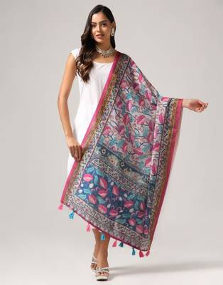 Wevon Jari Border With Digital Printed Grey Linen Dupatta 1