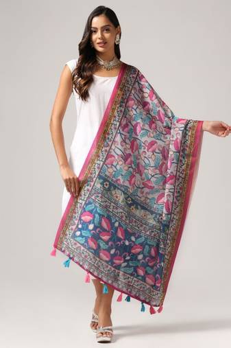Wevon Jari Border Designer With Digital Printed Grey Linen Dupatta