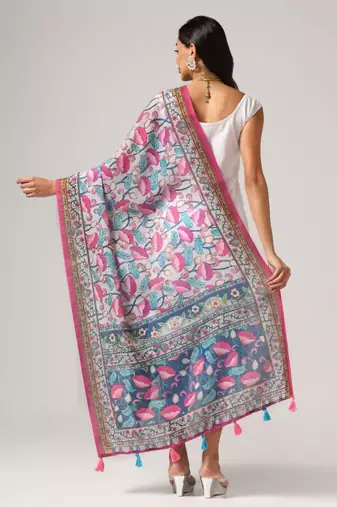Wevon Jari Border With Digital Printed Grey Linen Dupatta