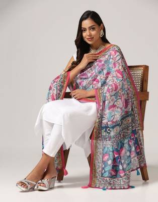 Wevon Jari Border With Digital Printed Grey Linen Dupatta 3