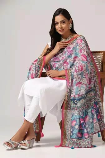 Wevon Jari Border With Digital Printed Grey Linen Dupatta