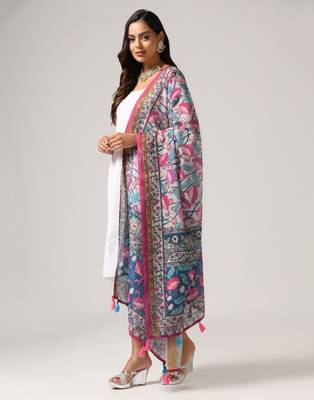 Wevon Jari Border With Digital Printed Grey Linen Dupatta 4