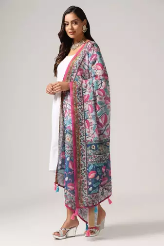 Wevon Jari Border With Digital Printed Grey Linen Dupatta