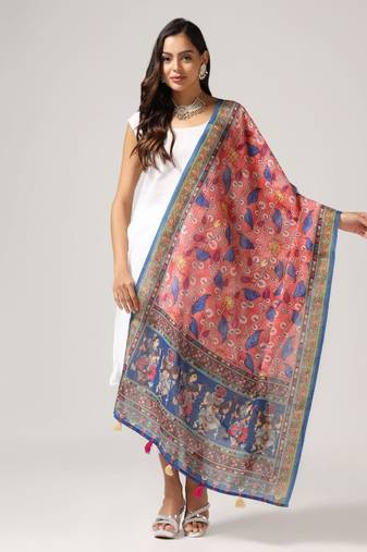 Wevon Jari Border Designer With Digital Printed Rust Linen Dupatta