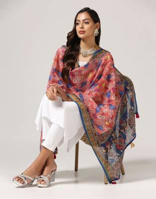 Wevon Jari Border With Digital Printed Rust Linen Dupatta 3