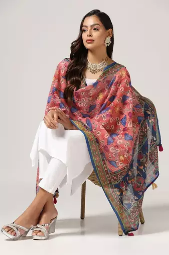 Wevon Jari Border With Digital Printed Rust Linen Dupatta