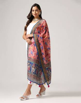 Wevon Jari Border With Digital Printed Rust Linen Dupatta 4