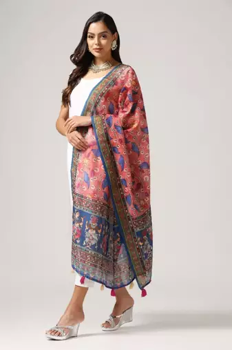 Wevon Jari Border With Digital Printed Rust Linen Dupatta