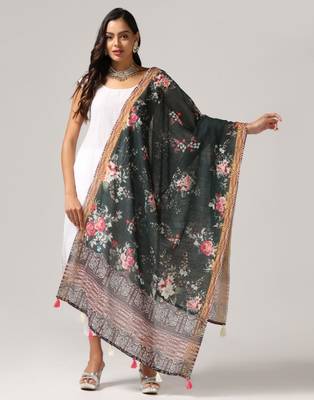 Wevon Jari Border With Digital Printed Black Linen Dupatta 1