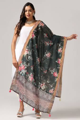 Wevon Jari Border Designer With Digital Printed Black Linen Dupatta