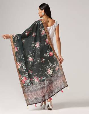 Wevon Jari Border With Digital Printed Black Linen Dupatta 2
