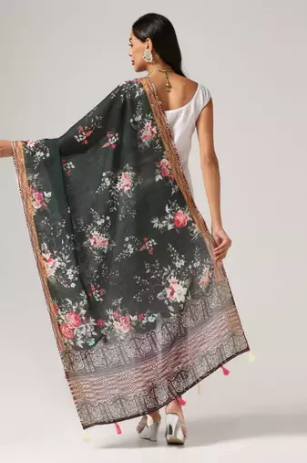 Wevon Jari Border With Digital Printed Black Linen Dupatta