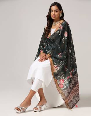 Wevon Jari Border With Digital Printed Black Linen Dupatta 3