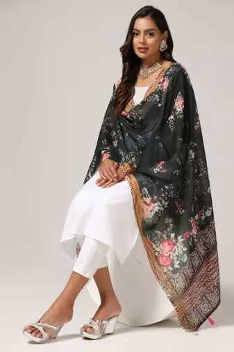 Wevon Jari Border With Digital Printed Black Linen Dupatta