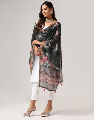 Wevon Jari Border With Digital Printed Black Linen Dupatta 4