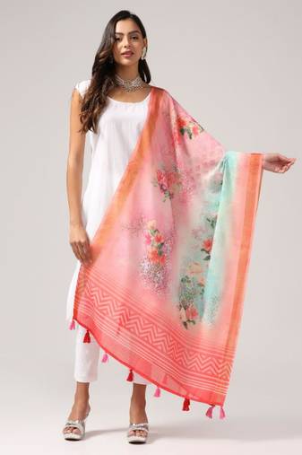 Wevon Jari Border Designer With Digital Printed Pink Linen Dupatta