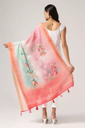 Wevon Jari Border With Digital Printed Pink Linen Dupatta