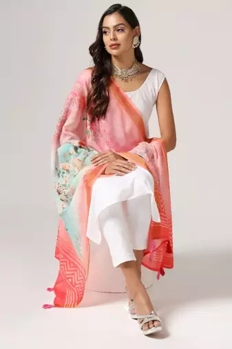 Wevon Jari Border With Digital Printed Pink Linen Dupatta