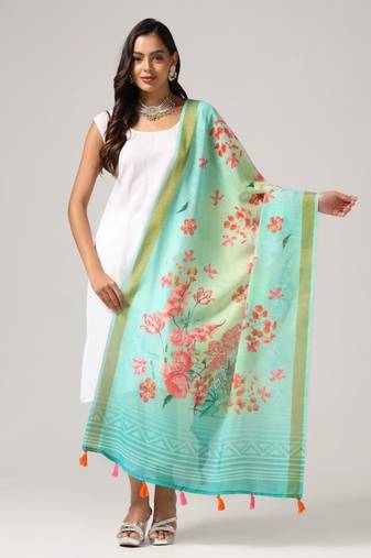 Wevon Jari Border Designer With Digital Printed Blue Linen Dupatta