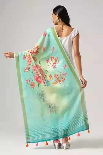 Wevon Jari Border With Digital Printed Blue Linen Dupatta