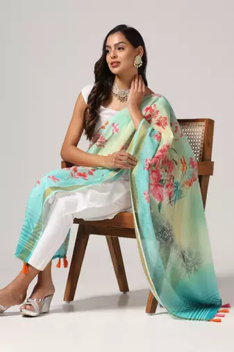 Wevon Jari Border With Digital Printed Blue Linen Dupatta