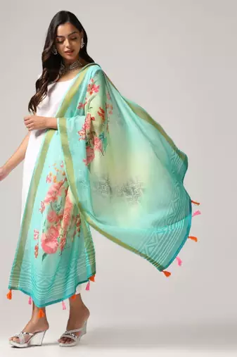 Wevon Jari Border With Digital Printed Blue Linen Dupatta
