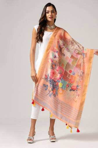 Wevon Jari Border Designer With Digital Printed Peach Linen Dupatta