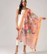 Wevon Jari Border With Digital Printed Peach Linen Dupatta