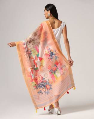 Wevon Jari Border With Digital Printed Peach Linen Dupatta 2