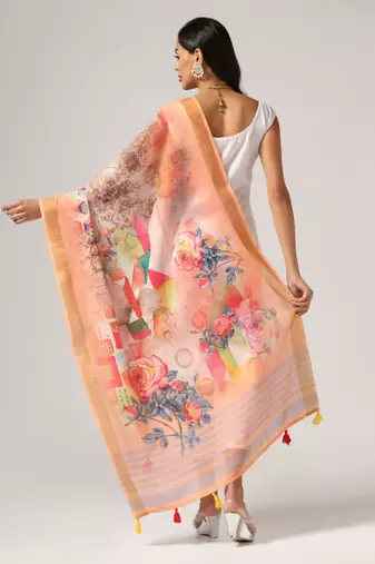 Wevon Jari Border With Digital Printed Peach Linen Dupatta