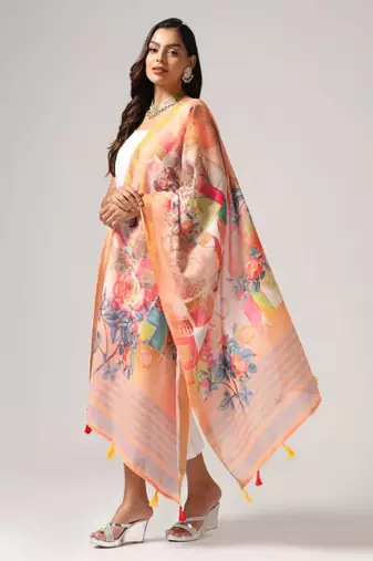 Wevon Jari Border With Digital Printed Peach Linen Dupatta