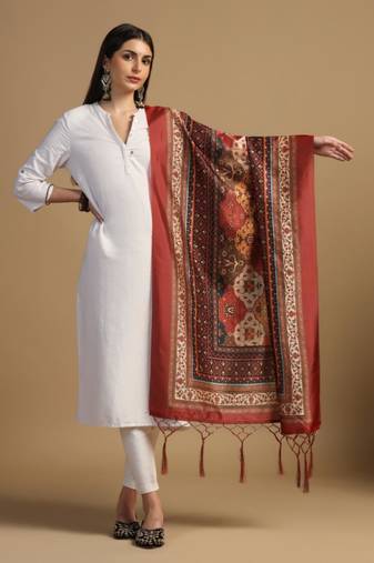 Brown Assam Silk Designer Digital Printed Ceremonial Dupatta
