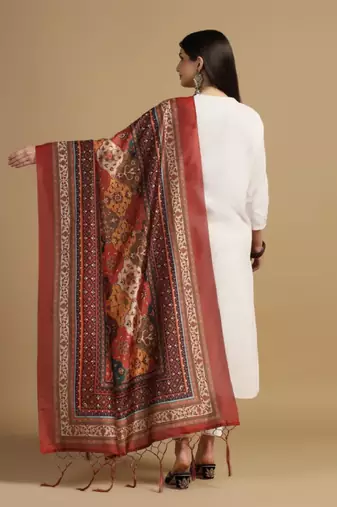Brown Assam Silk Digital Printed Ceremonial Dupatta