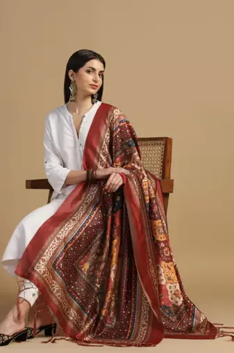 Brown Assam Silk Digital Printed Ceremonial Dupatta