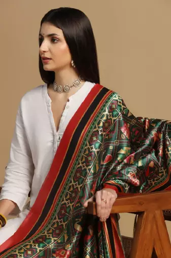 Green Assam Silk Digital Printed Ceremonial Dupatta
