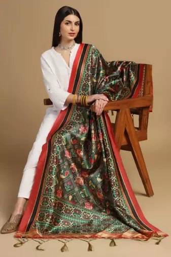 Green Assam Silk Digital Printed Ceremonial Dupatta