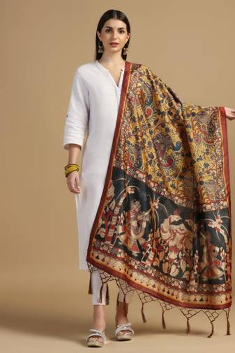 Mustard Assam Silk Designer Digital Printed Ceremonial Dupatta