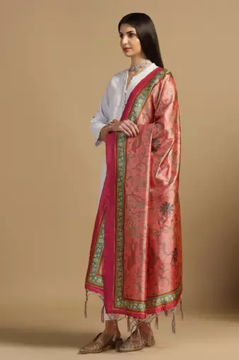 Pink Assam Silk Digital Printed Ceremonial Dupatta