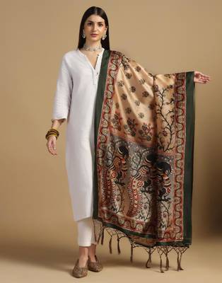 Beige Assam Silk Digital Printed Ceremonial Dupatta 1