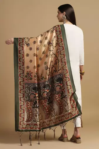 Beige Assam Silk Digital Printed Ceremonial Dupatta