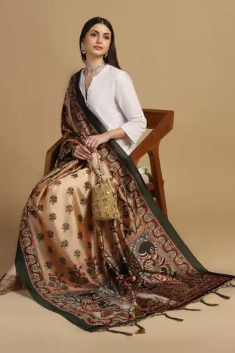 Beige Assam Silk Digital Printed Ceremonial Dupatta
