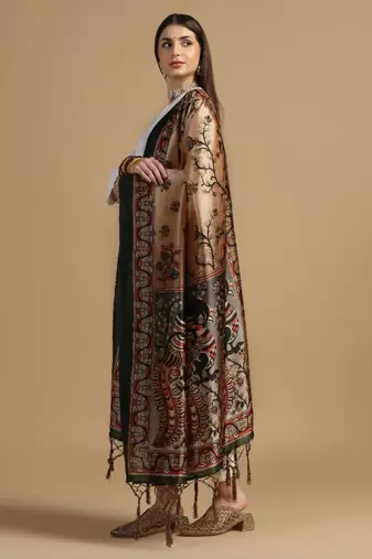 Beige Assam Silk Digital Printed Ceremonial Dupatta