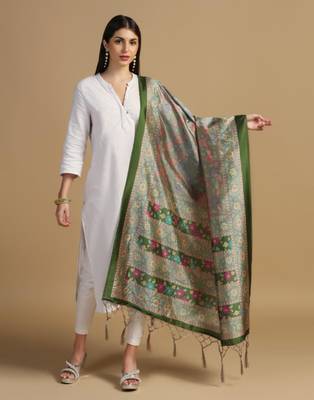 Green Assam Silk Digital Printed Ceremonial Dupatta 1