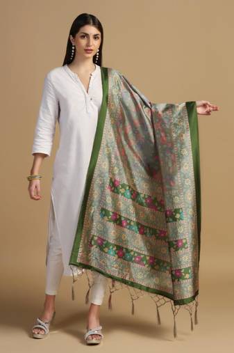 Green Assam Silk Designer Digital Printed Ceremonial Dupatta