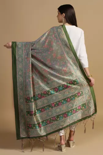 Green Assam Silk Digital Printed Ceremonial Dupatta